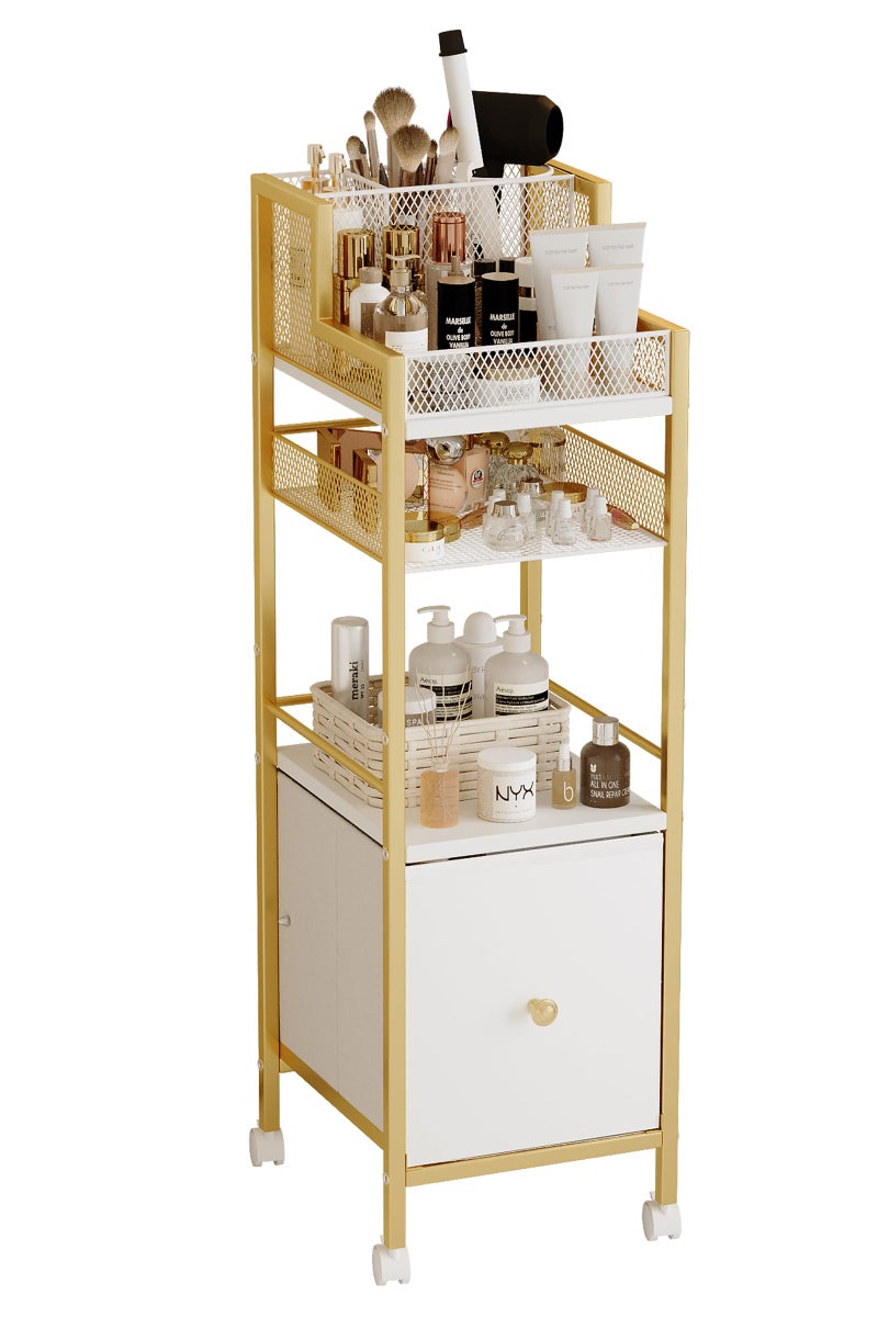 Makeup Organizer Storage Cart with Drawers Large Floor Makeup Skincare Organizers Rolling Makeup Cart Vanity Organizer Cosmetics Display Cases Holder for Nail Polish Brush Hair ToolGold